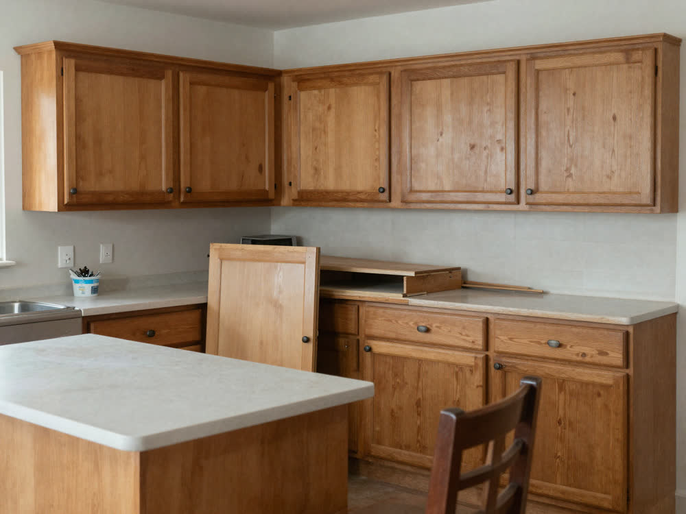 Dated oak kitchen cabinets and island with a door removed for refinishing