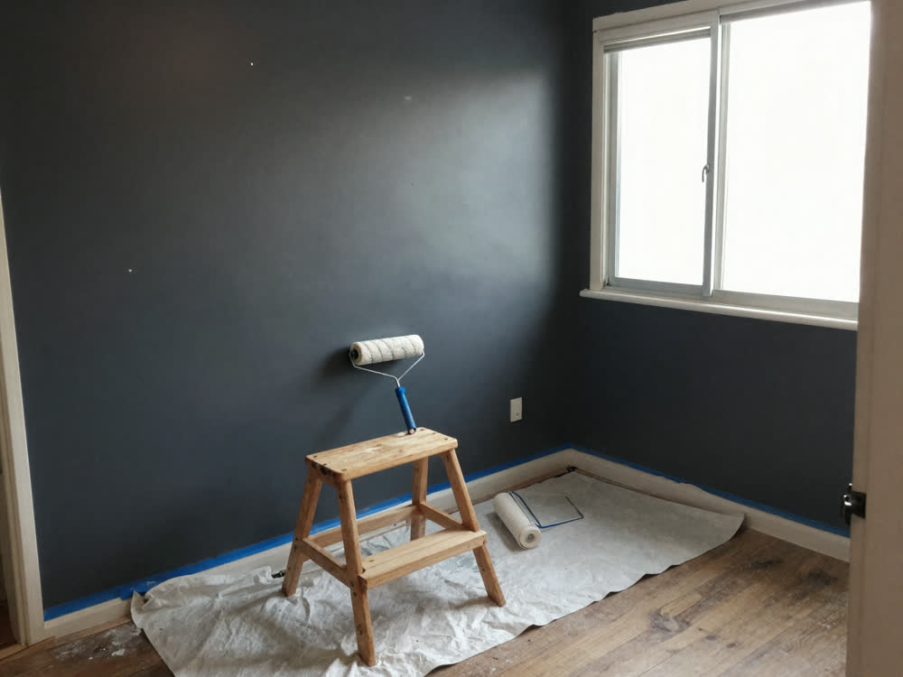 Living and dining room with a dark feature wall and drop cloth ready for repaint